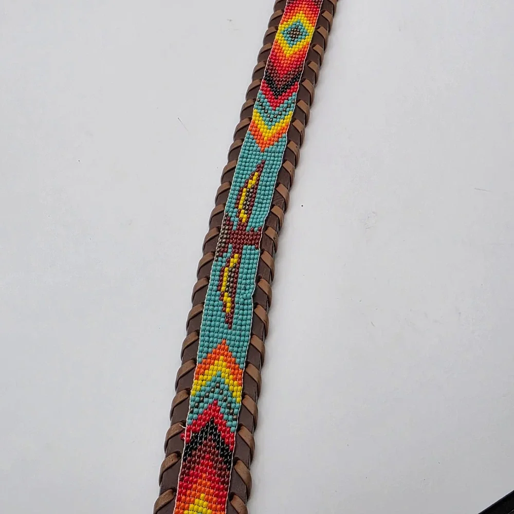 Stump Western Beaded Leather Belt Brown Southwestern Whipstitch‎ Buckle Size 36